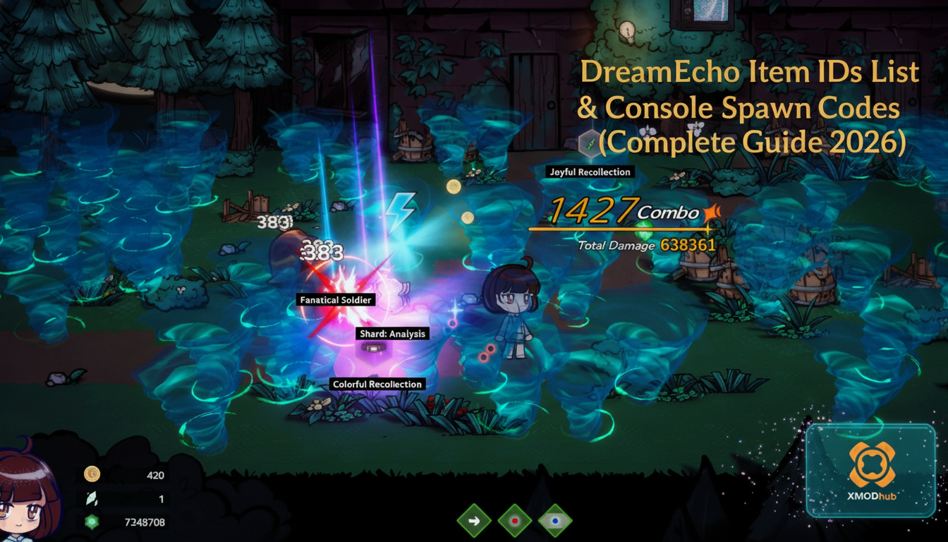 DreamEcho item IDs list and console spawn codes guide thumbnail with XMODhub branding and magical combat action.