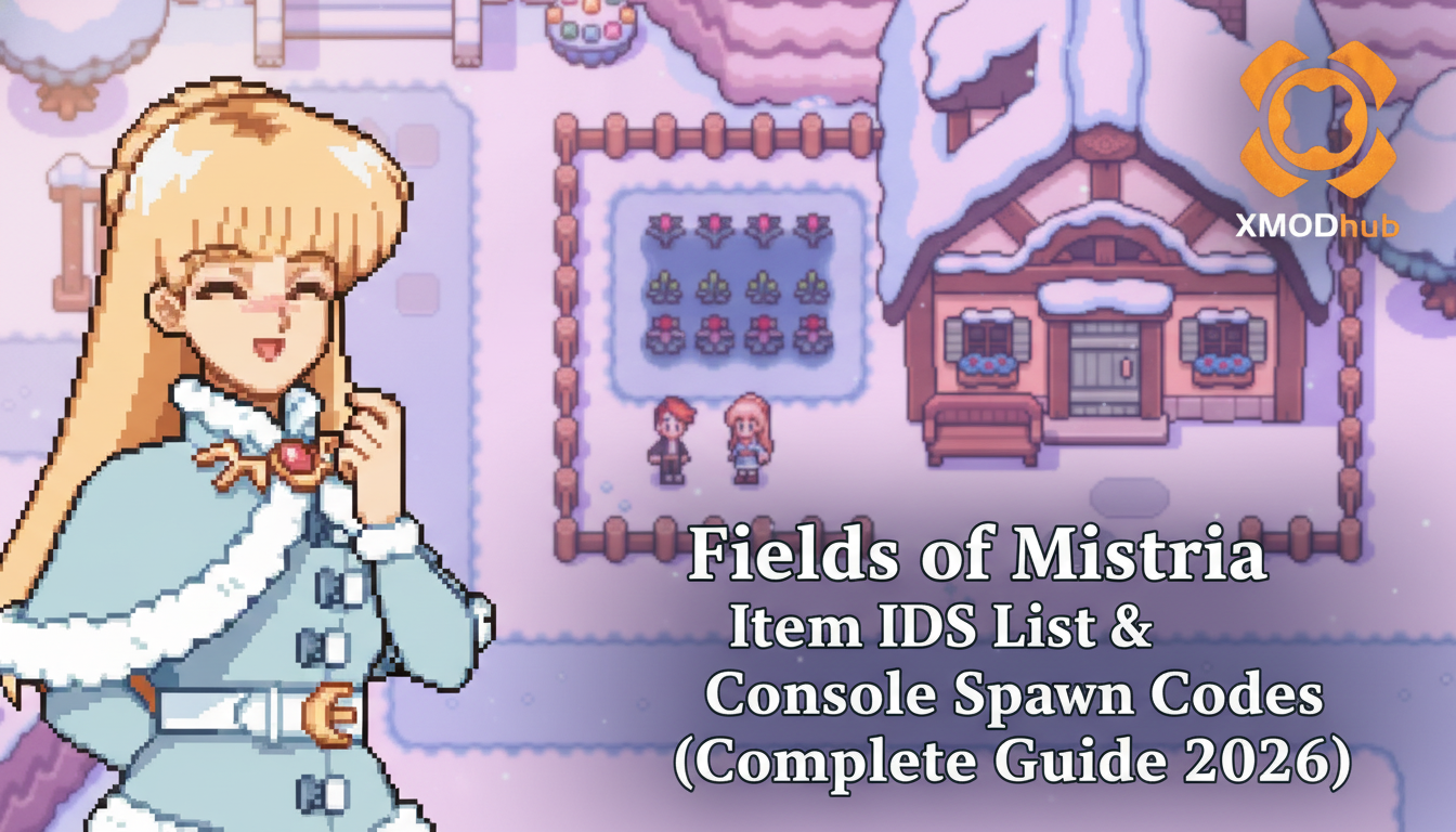 Fields of Mistria item IDs list and console spawn codes guide thumbnail with XMODhub branding.