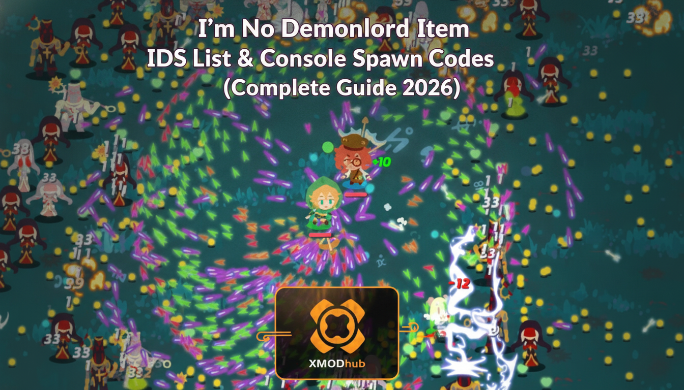 I'm No Demonlord item IDs list and console spawn codes guide thumbnail with XMODhub branding and a bullet-hell style combat scene.