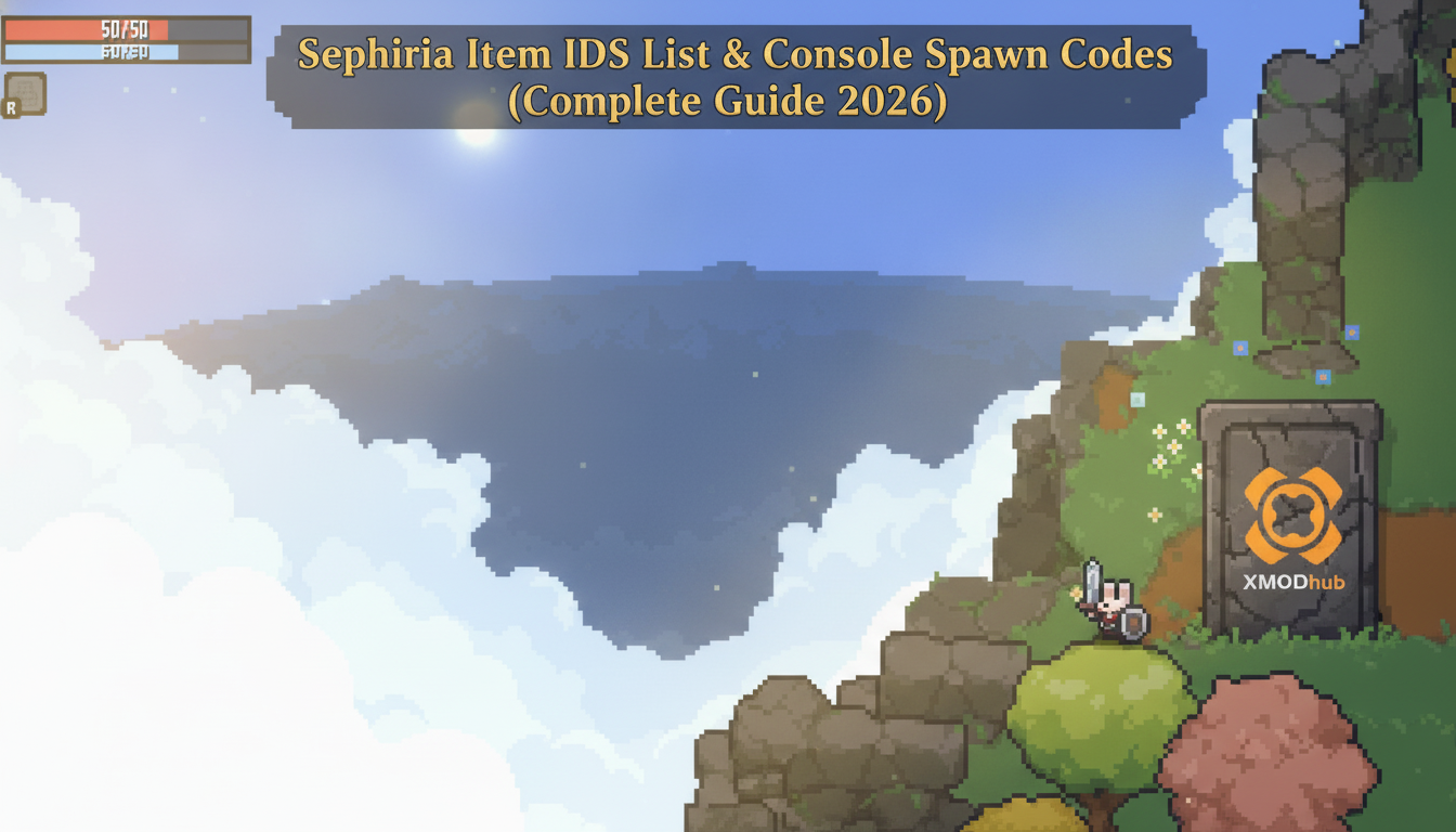 Sephiria item IDs list and console spawn codes guide thumbnail with XMODhub branding.