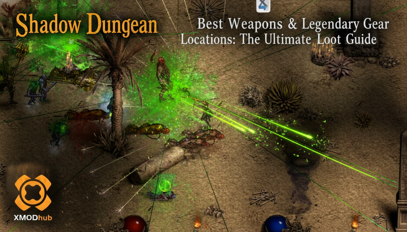 Shadow Dungeon Best Weapons & Legendary Gear Locations: The Ultimate Loot Guide thumbnail featuring XMODhub branding in the bottom-left corner and a top-down desert dungeon combat view filled with green projectile effects.