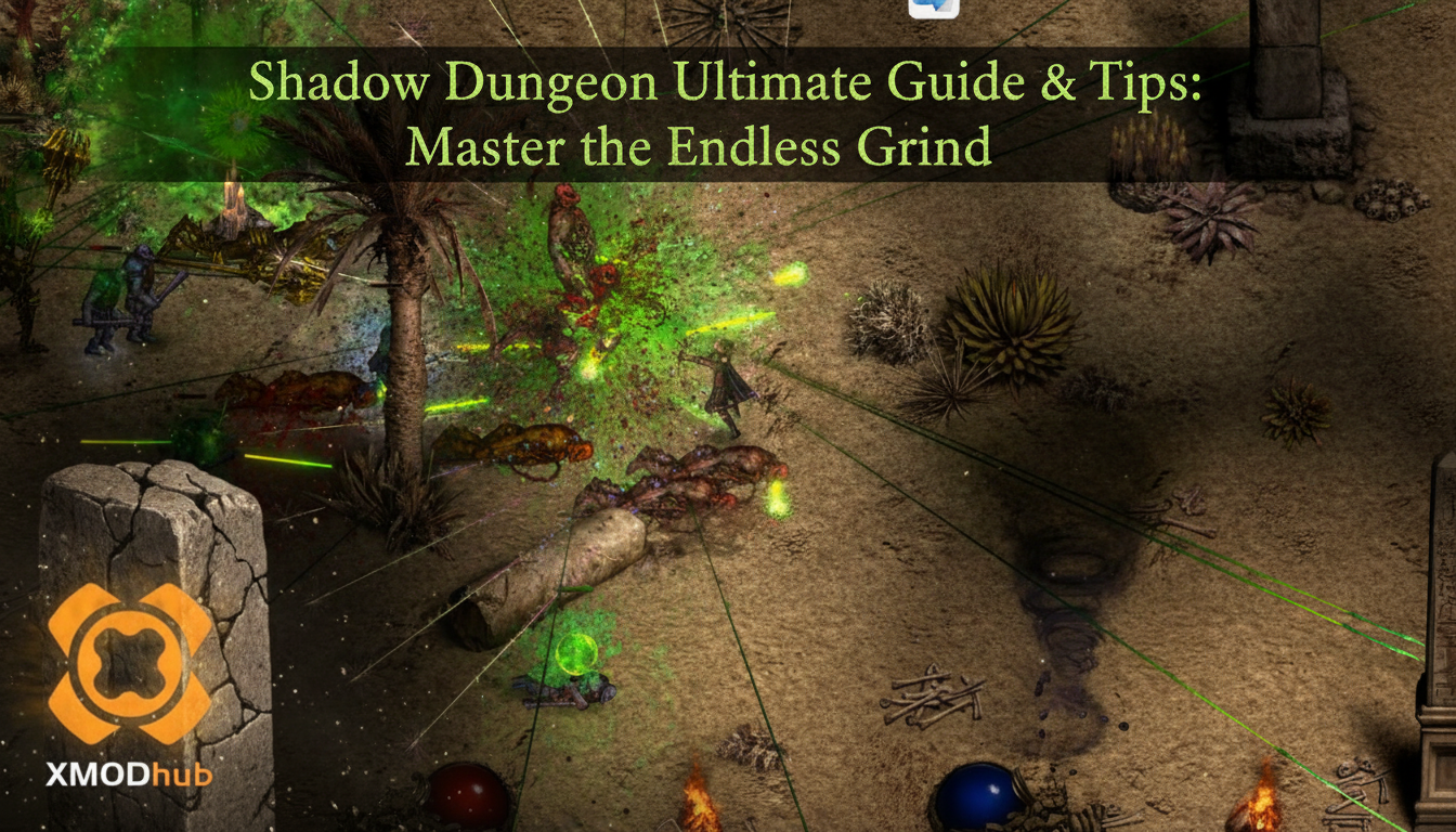 Shadow Dungeon Ultimate Guide & Tips: Master the Endless Grind thumbnail featuring XMODhub branding on a weathered stone pillar in a top-down desert combat environment with green magic effects.