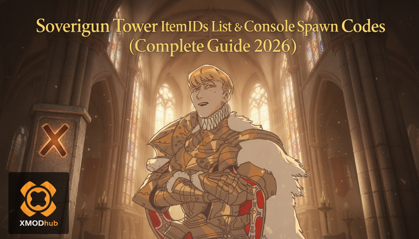 Sovereign Tower item IDs list and console spawn codes guide thumbnail with XMODhub branding and an armored knight inside a cathedral.