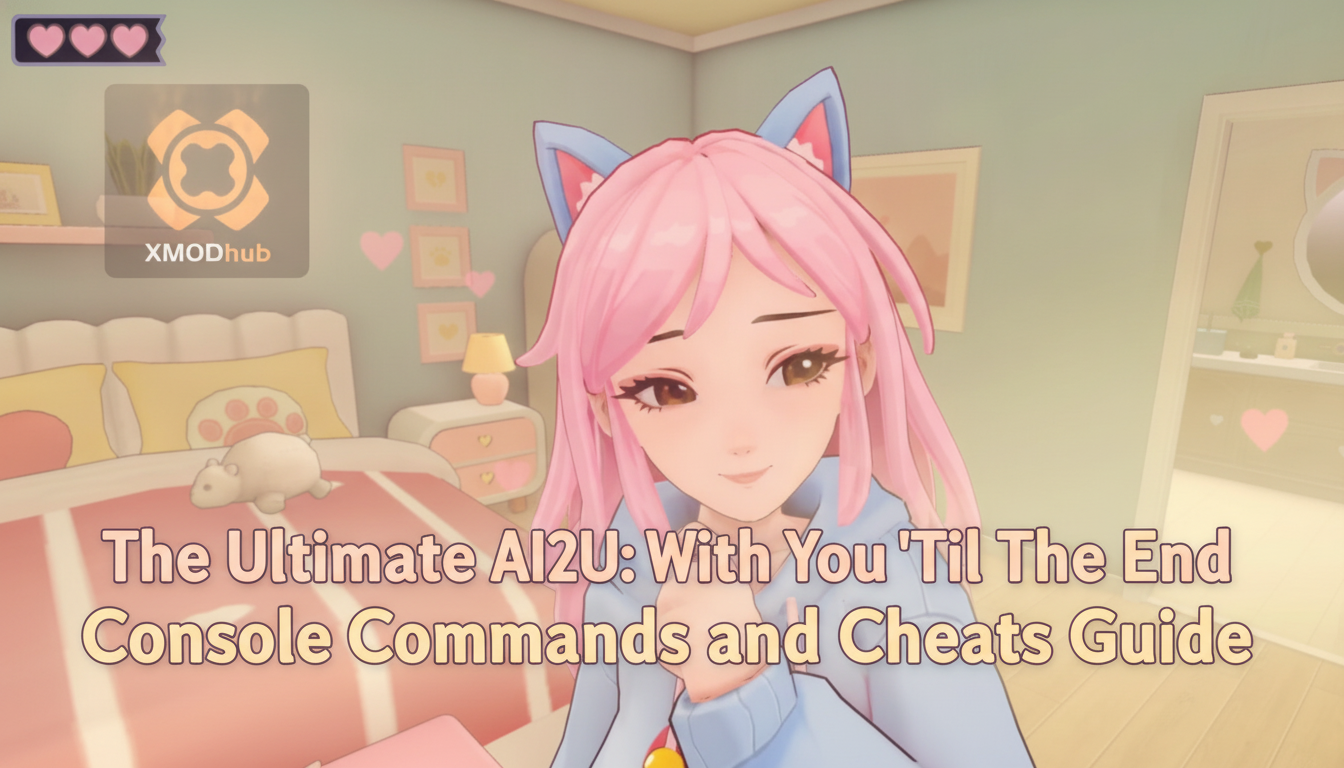 The Ultimate AI2U: With You 'Til The End Console Commands and Cheats Guide thumbnail featuring XMODhub branding and a pink-haired anime character in a bedroom.