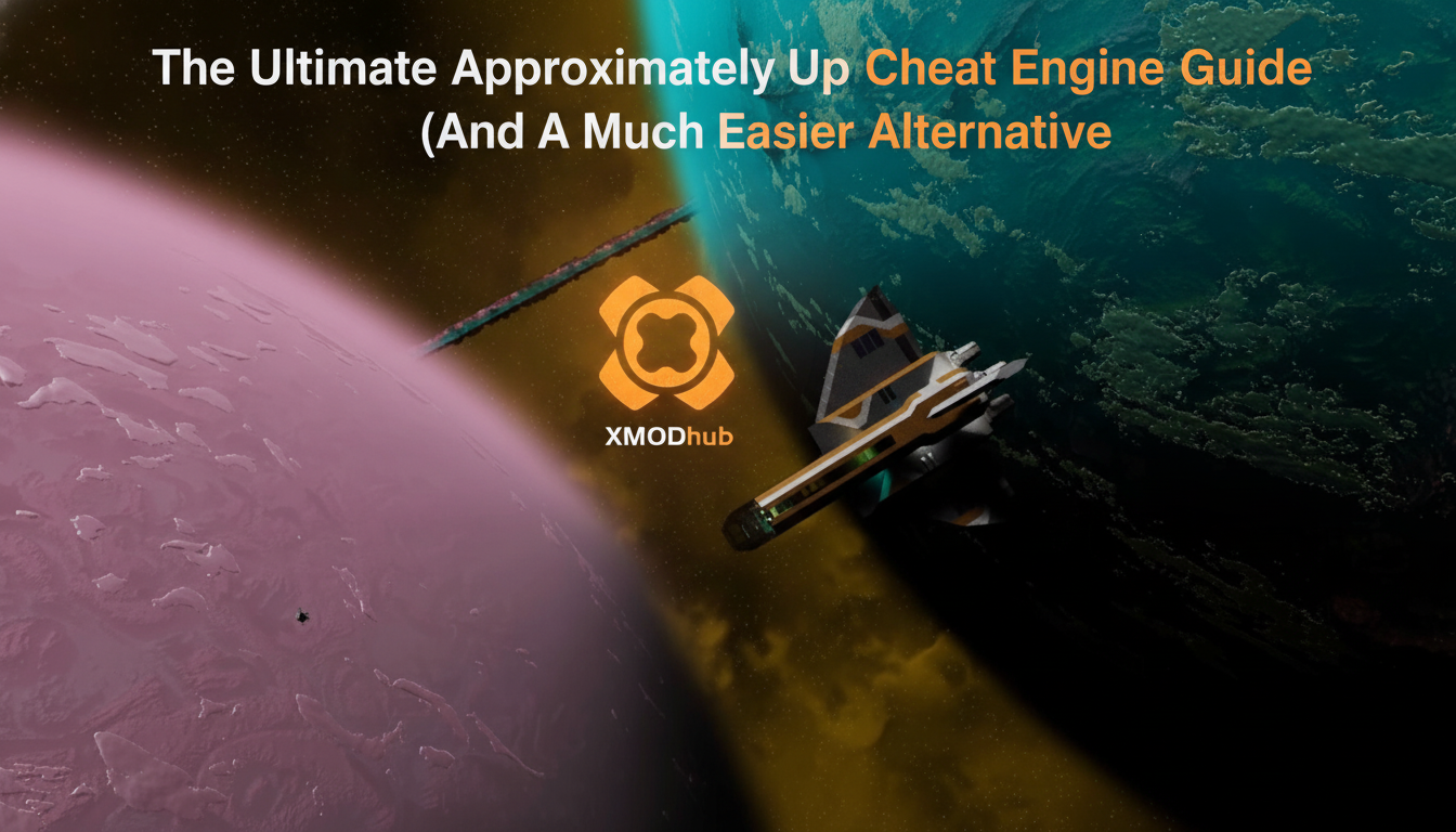 The Ultimate Approximatly Up Cheat Engine guide thumbnail with XMODhub branding and a spaceship in orbit.