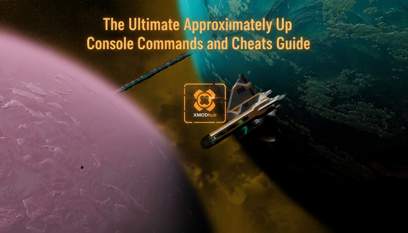 The Ultimate Approximatly Up console commands and cheats guide thumbnail with XMODhub branding and a spaceship in orbit.