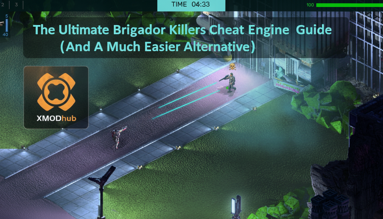 The Ultimate Brigador Killers Cheat Engine Guide thumbnail featuring XMODhub branding and an isometric tactical combat scene at night.