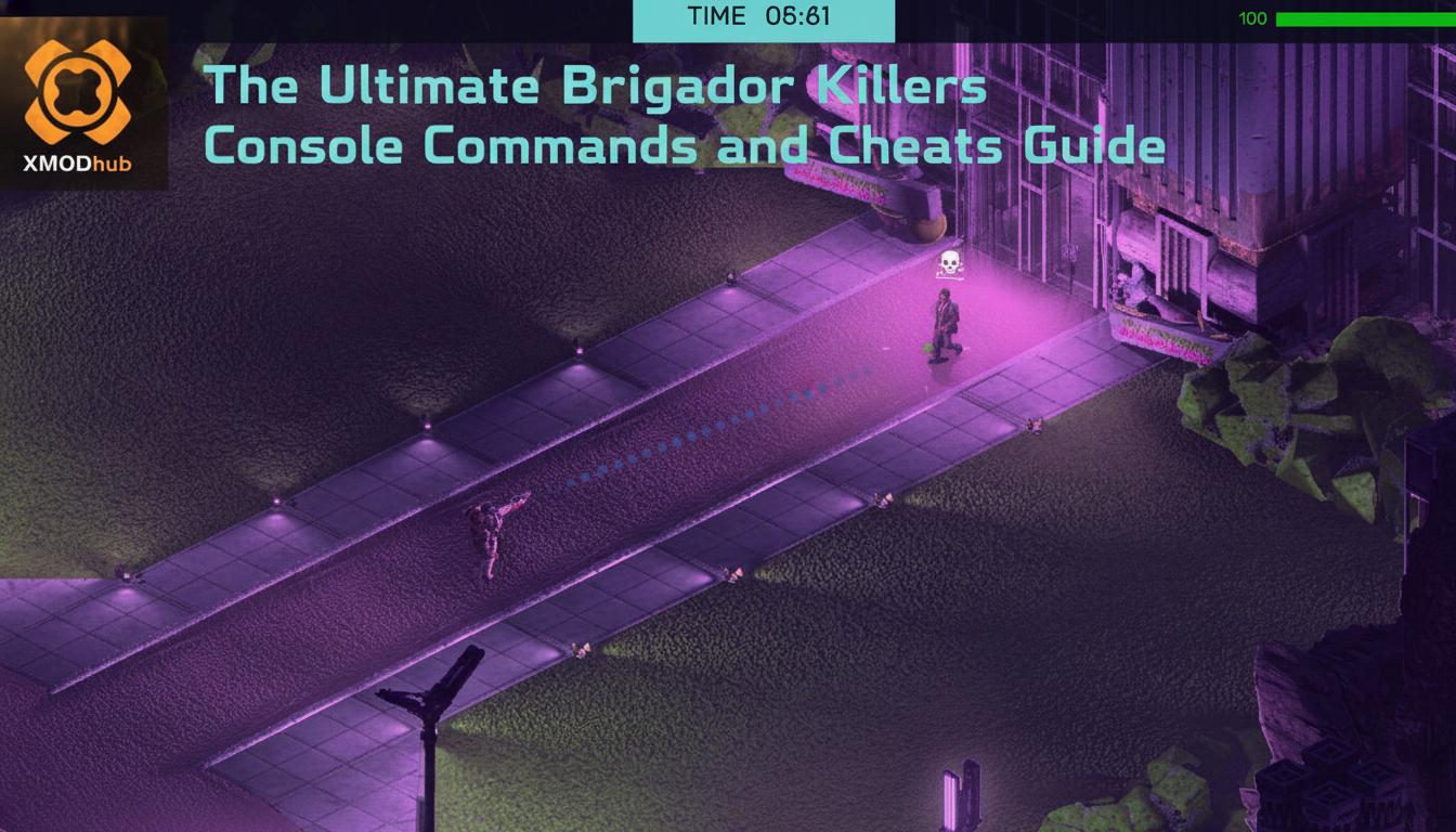 The Ultimate Brigador Killers Console Commands and Cheats Guide thumbnail featuring XMODhub branding and a purple-lit isometric action view.