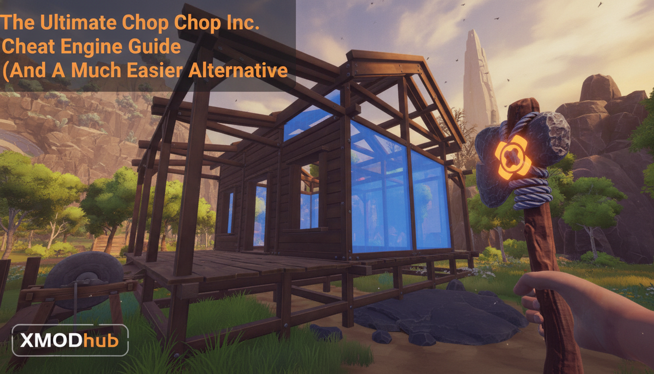 The Ultimate Chop Chop Inc. Cheat Engine guide thumbnail with XMODhub branding and a wooden structure being built.