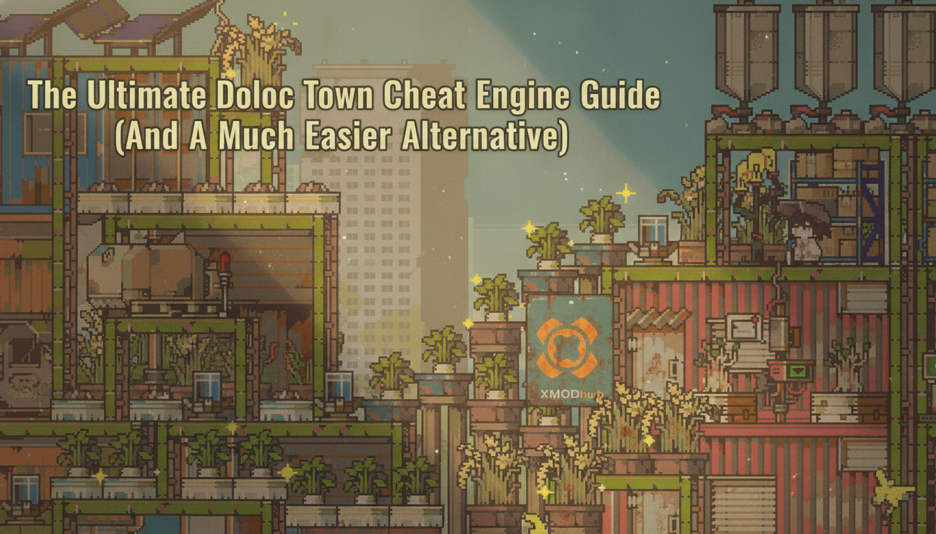 The Ultimate Doloc Town Cheat Engine guide thumbnail with XMODhub branding and pixel art town scenery.