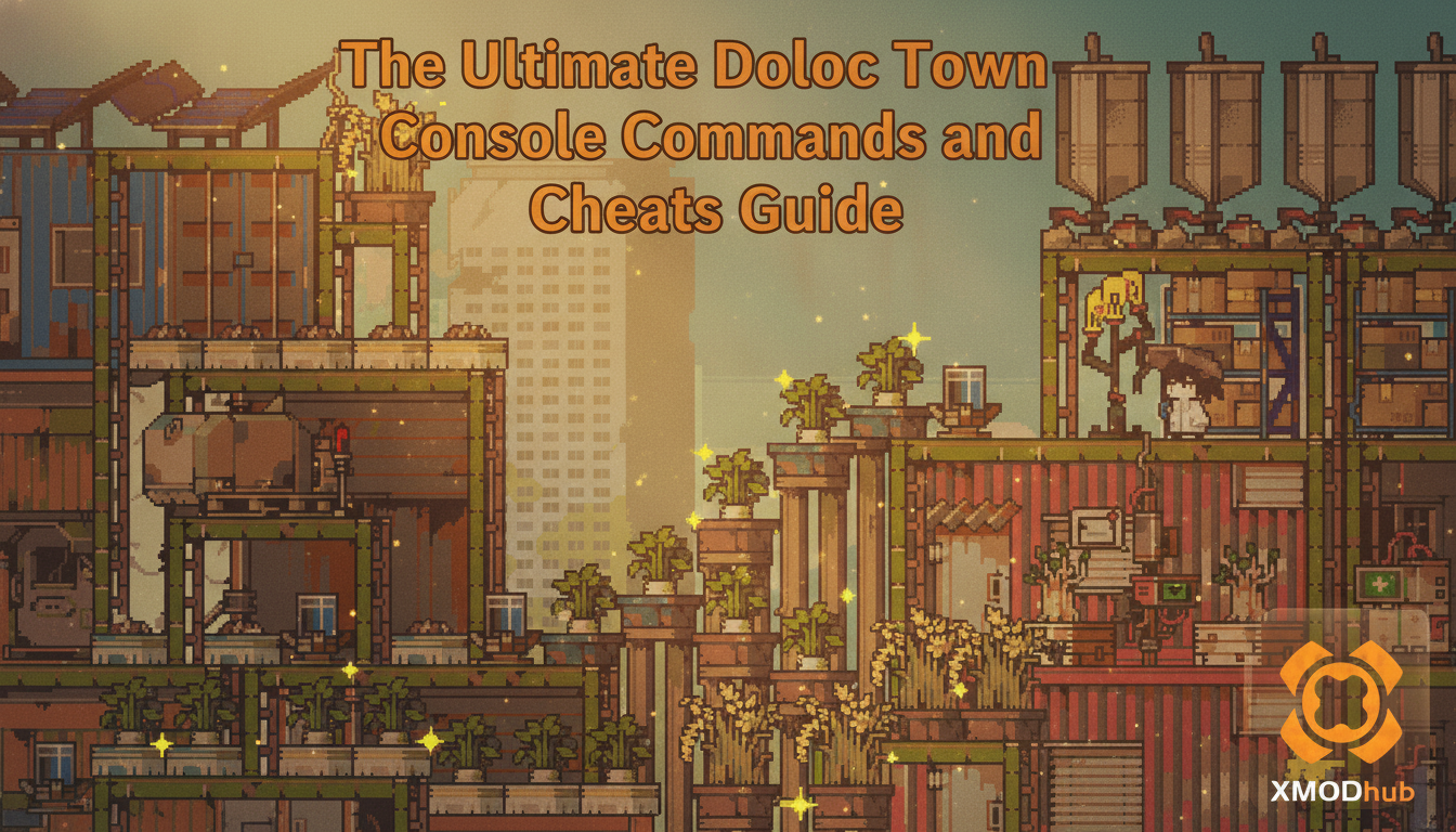 The Ultimate Doloc Town console commands and cheats guide thumbnail with XMODhub branding and pixel art town scenery.