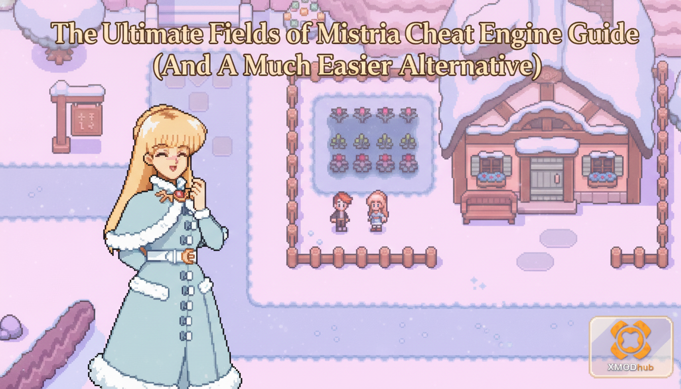 The Ultimate Fields of Mistria Cheat Engine guide thumbnail with XMODhub branding.