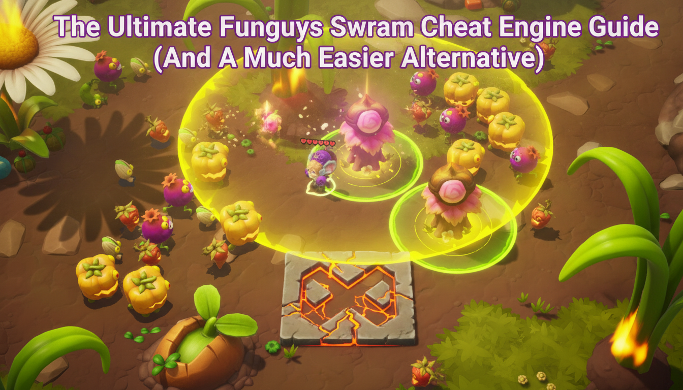 The Ultimate Funguys Swarm Console Commands and Cheats Guide thumbnail featuring XMODhub branding in the bottom-right corner and a top-down view of a character surrounded by mushroom-like creatures.