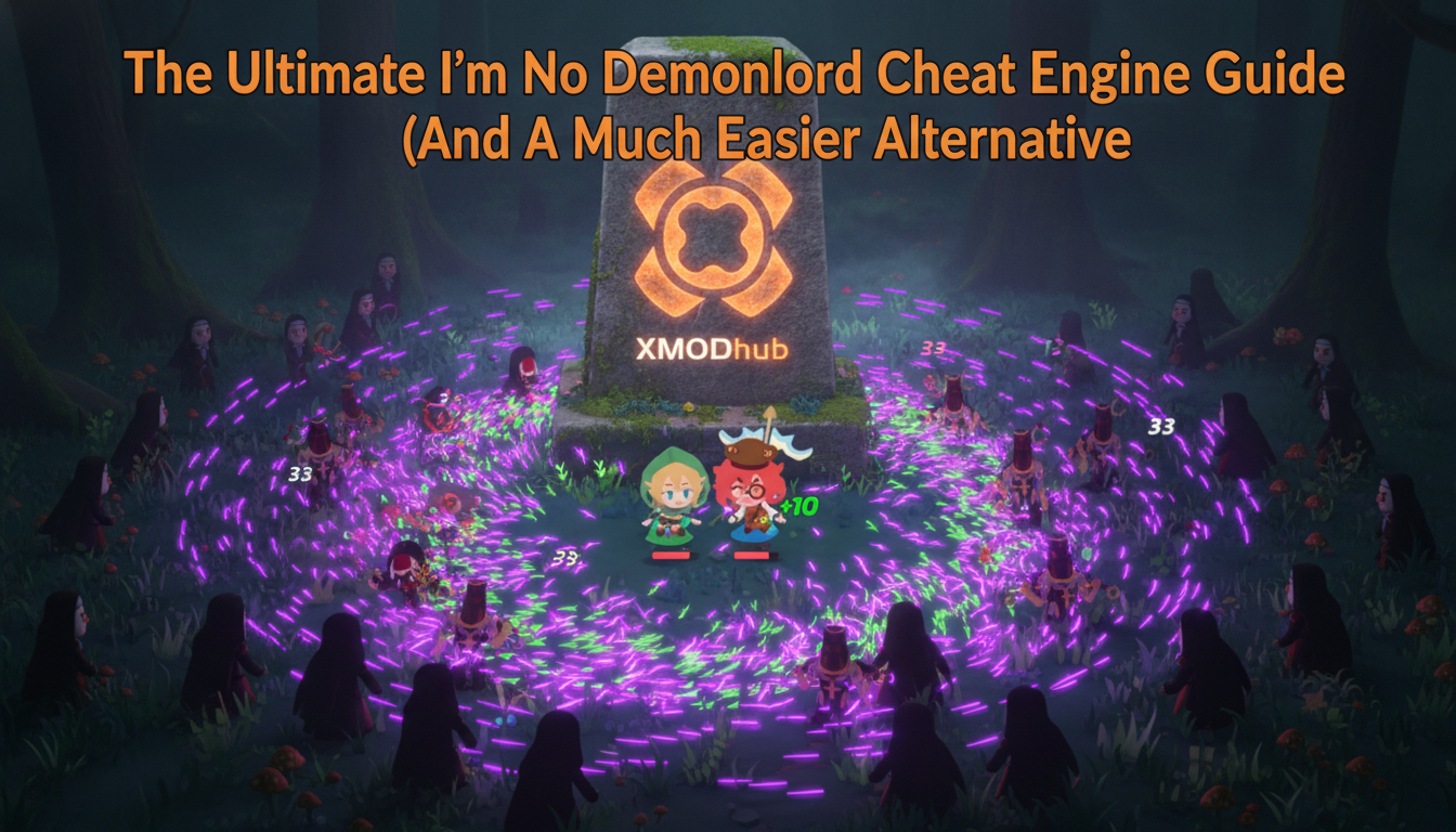 The Ultimate I'm No Demonlord Cheat Engine guide thumbnail with XMODhub branding and a bullet-hell style combat scene.