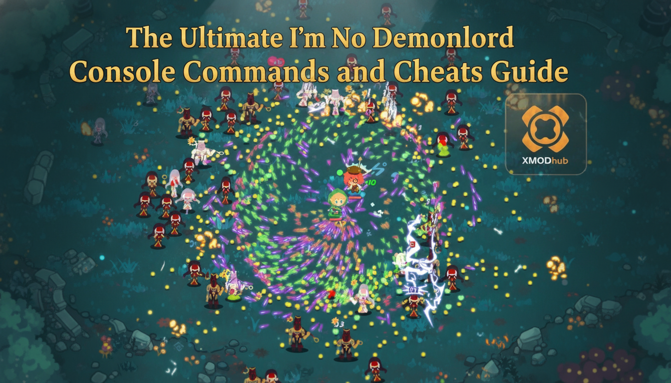 The Ultimate I'm No Demonlord console commands and cheats guide thumbnail with XMODhub branding and a bullet-hell style combat scene.