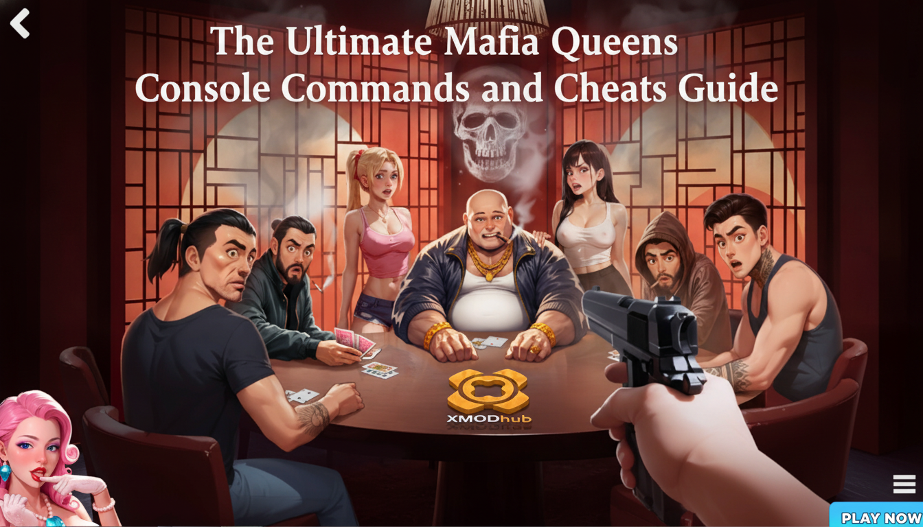 The Ultimate Mafia Queens Console Commands and Cheats Guide thumbnail featuring XMODhub branding, a poker table scene with characters, and a gun pointed from a first-person perspective.