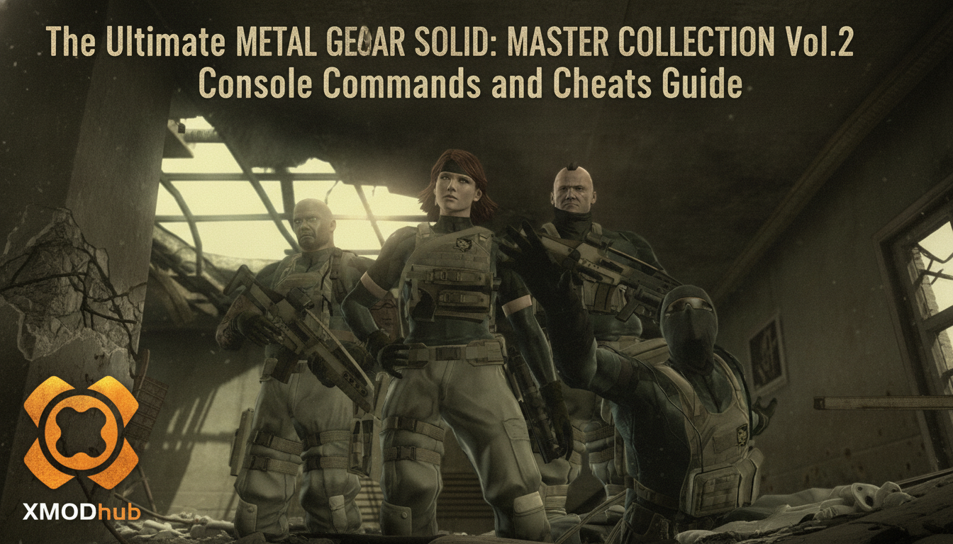 The Ultimate METAL GEAR SOLID: MASTER COLLECTION Vol.2 Console Commands and Cheats Guide thumbnail featuring XMODhub branding and a squad of armed operatives.