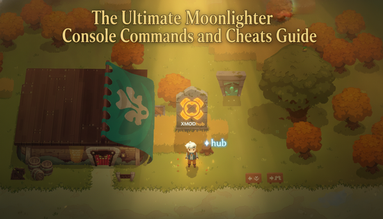 The Ultimate Moonlighter console commands and cheats guide thumbnail with XMODhub branding.