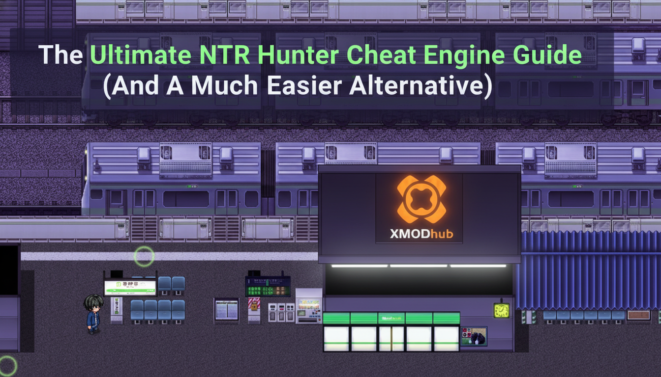 The Ultimate NTR Hunter Cheat Engine guide thumbnail with XMODhub branding.