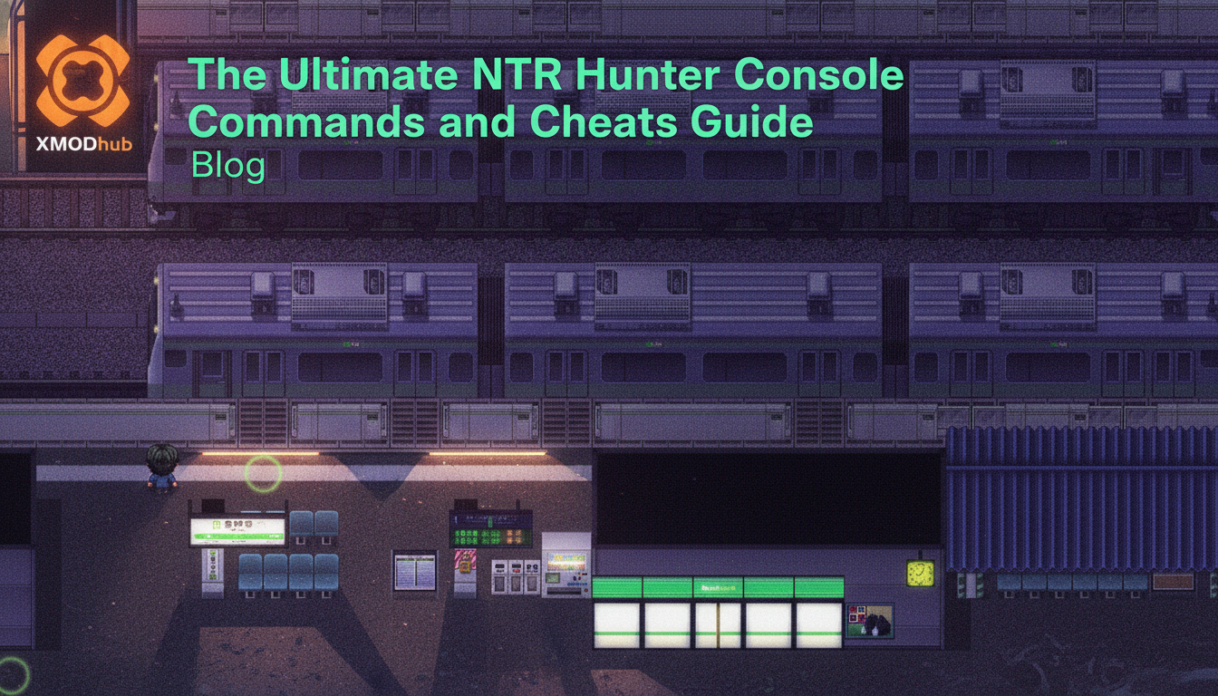 The Ultimate NTR Hunter console commands and cheats guide thumbnail with XMODhub branding.
