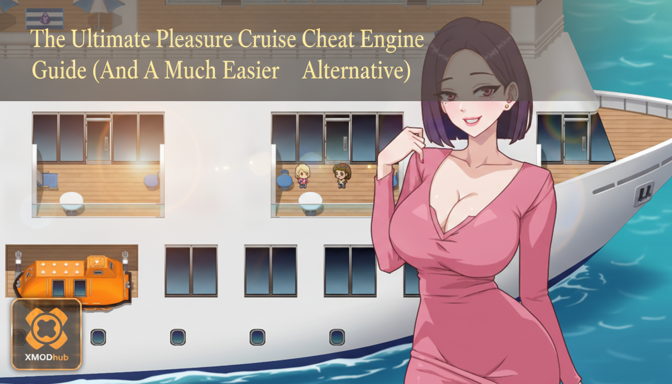 The Ultimate Pleasure Cruise Cheat Engine guide thumbnail with XMODhub branding.
