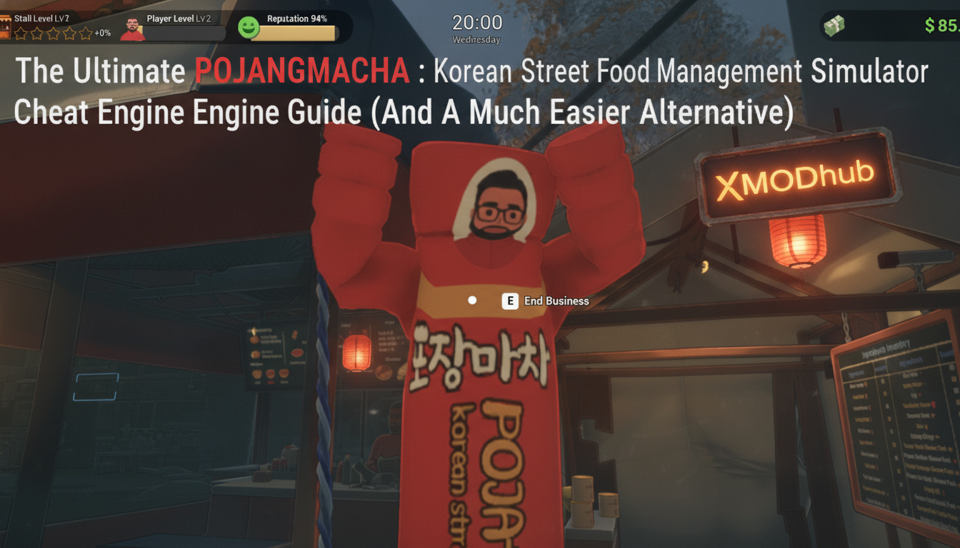 The Ultimate POJANGMACHA: Korean Street Food Management Simulator Cheat Engine guide thumbnail with XMODhub branding.
