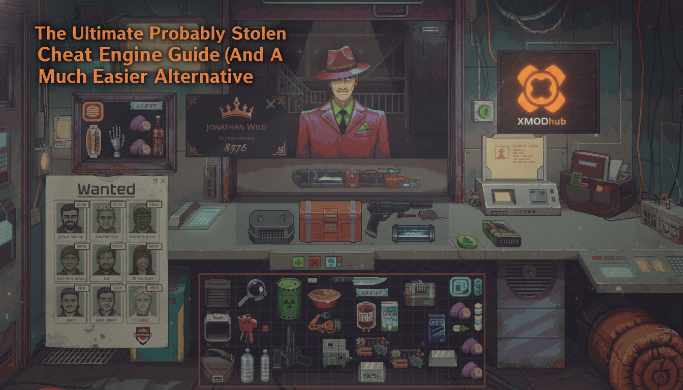 The Ultimate Probably Stolen Cheat Engine guide thumbnail with XMODhub branding and a pixel art pawn shop scene.