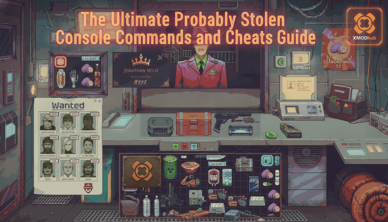 The Ultimate Probably Stolen console commands and cheats guide thumbnail with XMODhub branding and a pixel art pawn shop scene.
