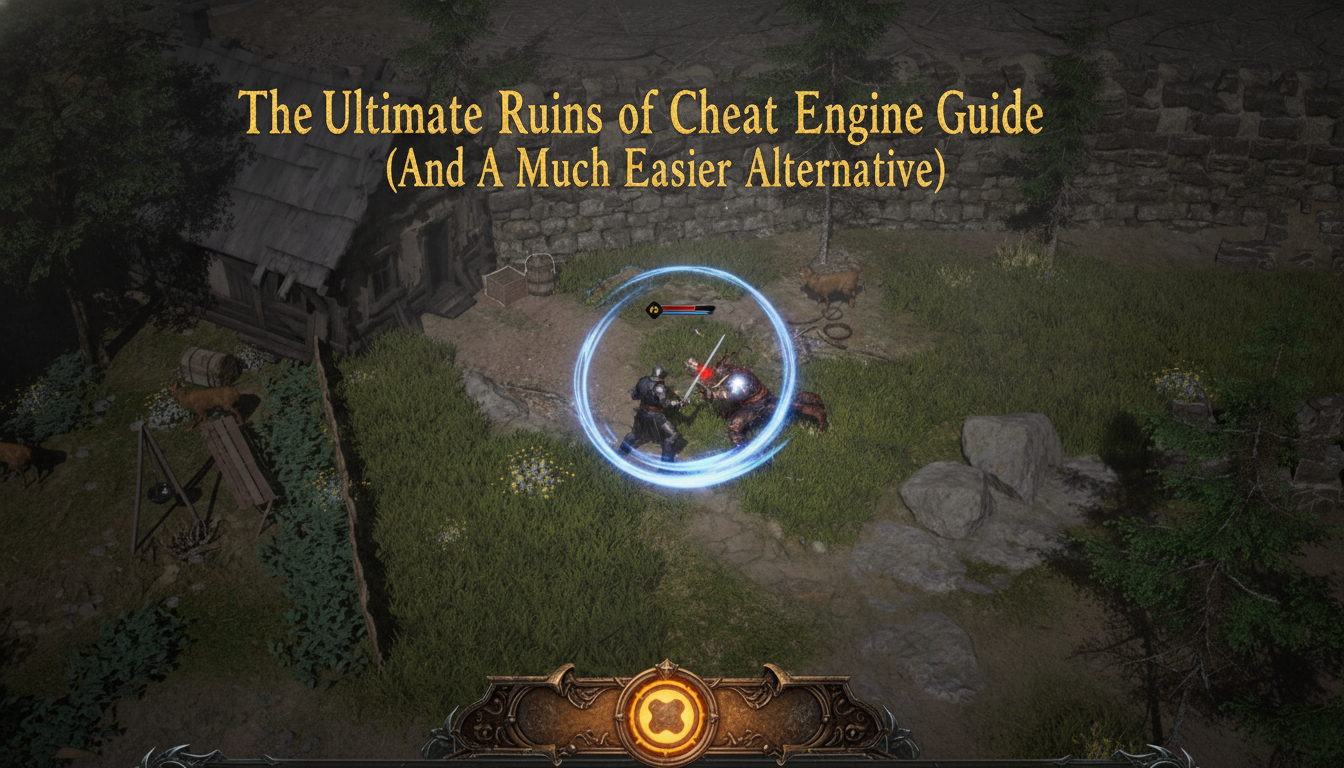 The Ultimate Ruins of Dawn Cheat Engine Guide thumbnail featuring XMODhub branding and a top-down combat scene with a character swinging a sword.