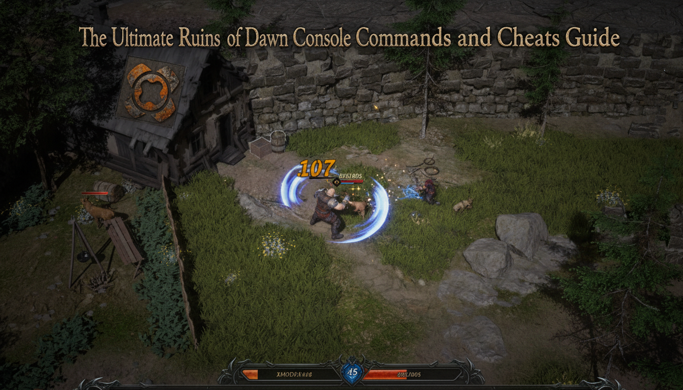 The Ultimate Ruins of Dawn Console Commands and Cheats Guide thumbnail featuring XMODhub branding and an overhead action combat view.