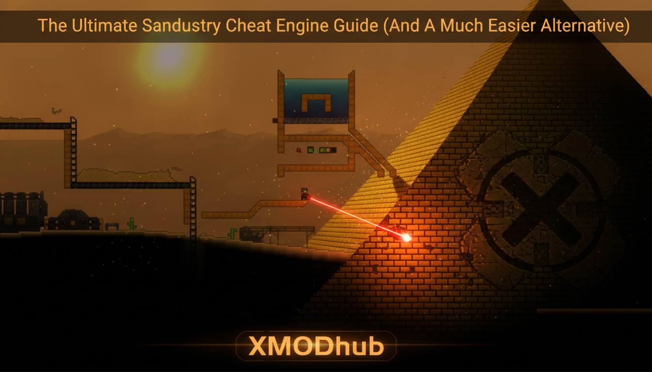 The Ultimate Sandustry Cheat Engine Guide thumbnail featuring XMODhub branding and a 2D side-scrolling desert setting with a pyramid and laser-cutting action.