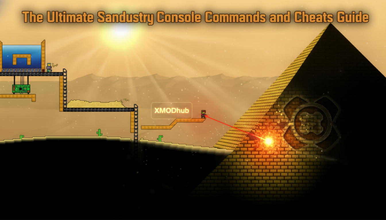 The Ultimate Sandustry Console Commands and Cheats Guide thumbnail featuring XMODhub branding and a character firing a laser at a pyramid structure in a desert landscape.