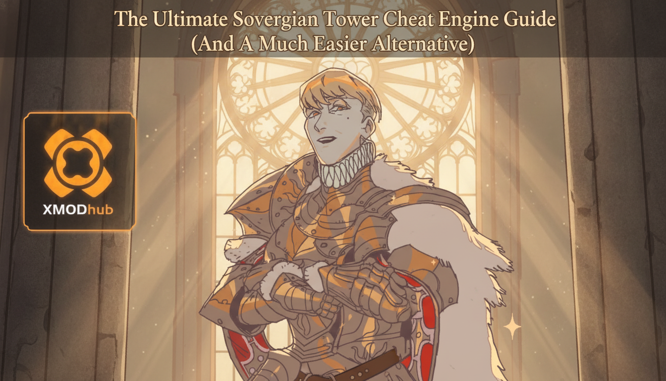 The Ultimate Sovereign Tower Cheat Engine guide thumbnail with XMODhub branding and an armored knight inside a cathedral.