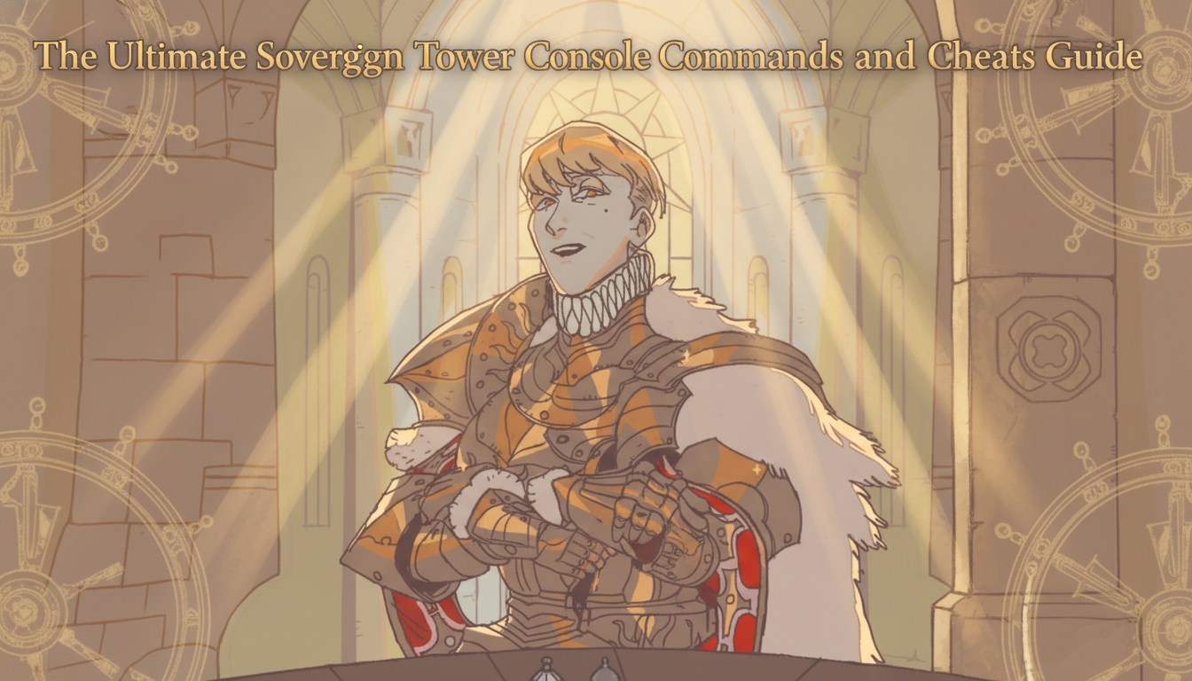 The Ultimate Sovereign Tower console commands and cheats guide thumbnail featuring an armored knight inside a cathedral.