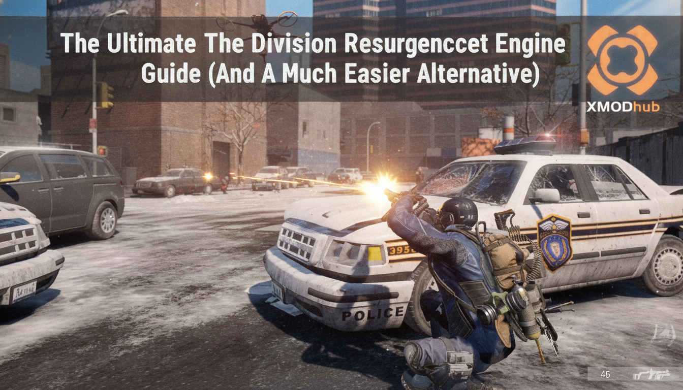 The Ultimate The Division Resurgence Cheat Engine guide thumbnail with XMODhub branding and a combat scene in the snow.