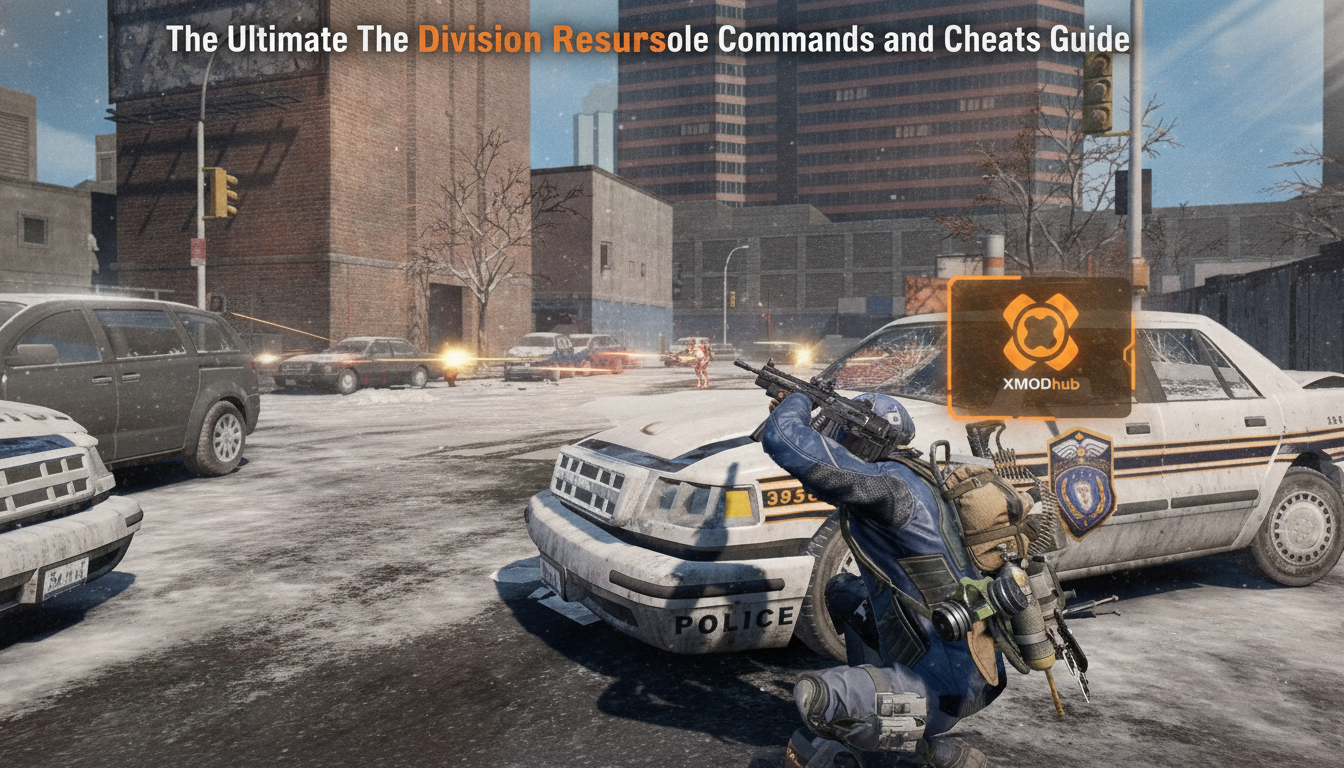 The Ultimate The Division Resurgence console commands and cheats guide thumbnail with XMODhub branding and a combat scene in the snow.