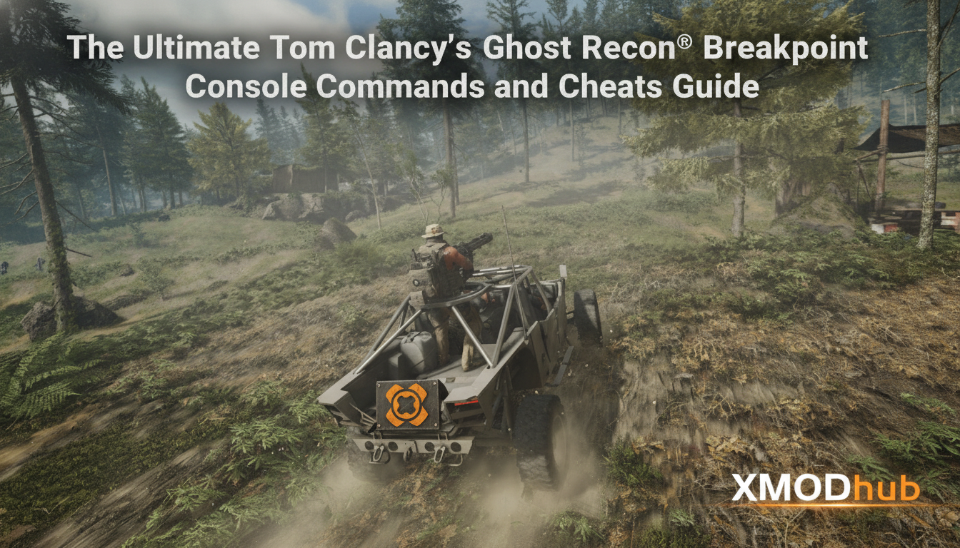 The Ultimate Tom Clancy's Ghost Recon Breakpoint console commands and cheats guide thumbnail with XMODhub branding and a military vehicle driving through a forest.