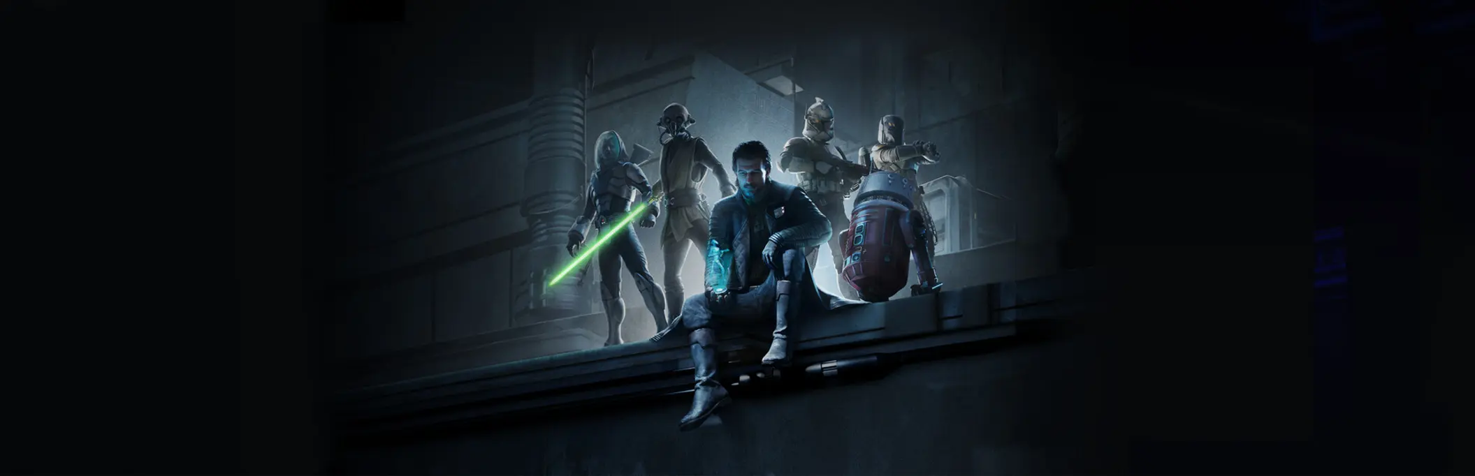 Ein Klonkrieger in STAR WARS Zero Company zielt mit einem Blastergewehr in einer futuristischen Umgebung.