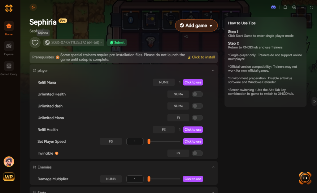 Sephiria trainer interface featuring player and enemies options.