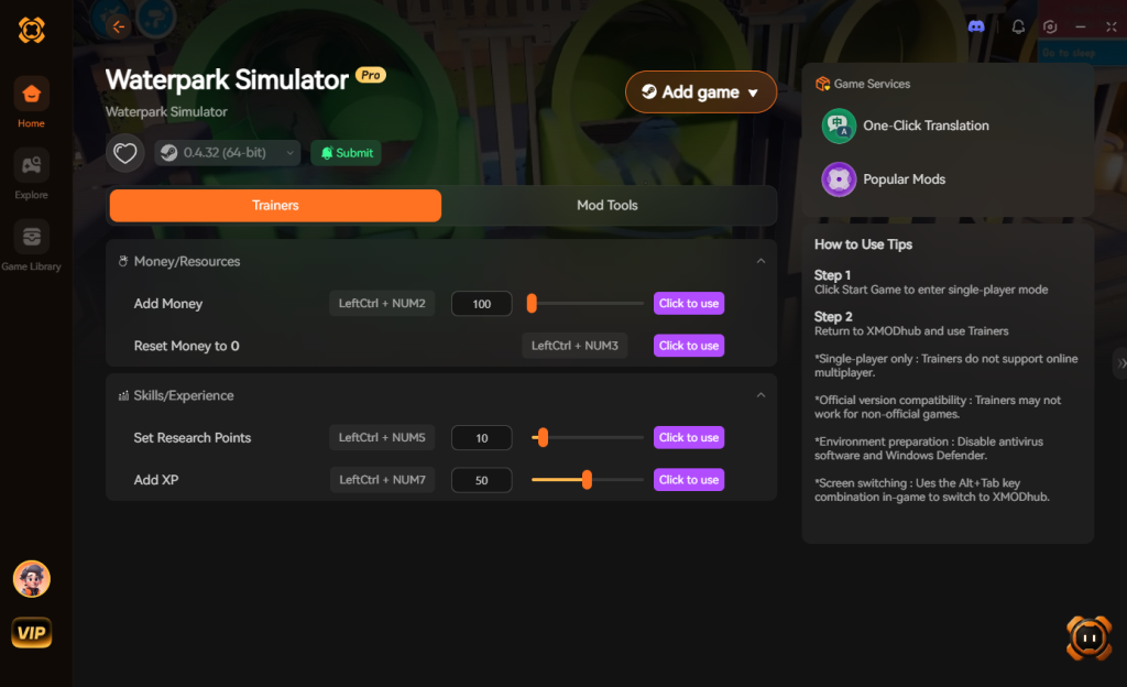 Waterpark Simulator trainer interface featuring money/resources and skills/experience options.
