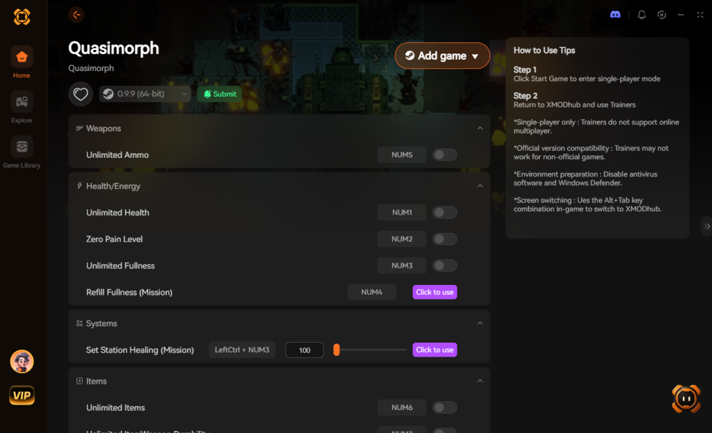 Quasimorph trainer interface featuring weapons, health/energy, systems, and items options.