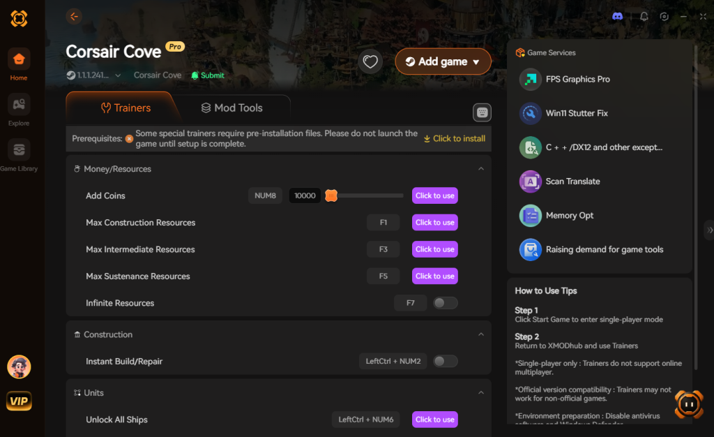 Corsair Cove trainer interface featuring Money/Resources, Construction, and Units options.