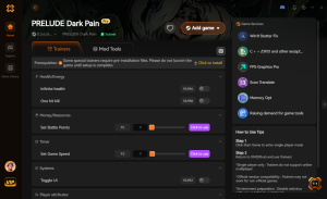 PRELUDE Dark Pain trainer interface featuring Health/Energy, Money/Resources, Timer, and Systems options.