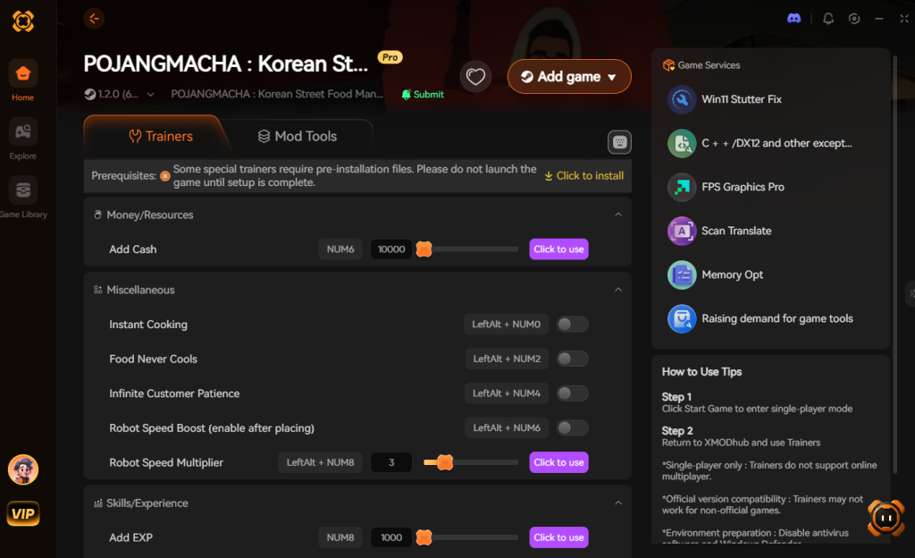 Korean Street Food Management Simulator trainer interface featuring Money/Resources, Miscellaneous, and Skills/Experience options.
