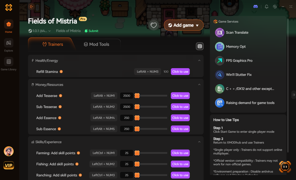Fields of Mistria trainer interface featuring Health/Energy, Money/Resources, and Skills/Experience options.