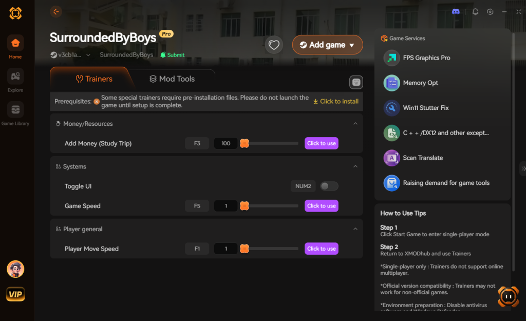 SurroundedByBoys trainer interface featuring Money/Resources, Systems, and Player general options.