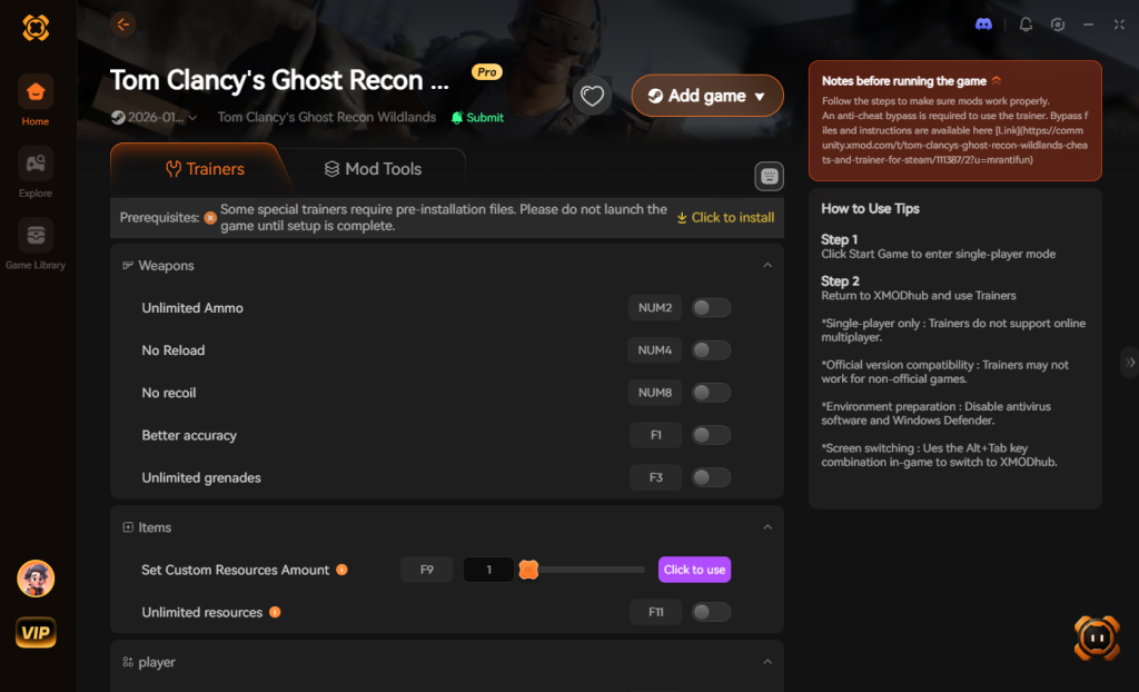 Tom Clancy's Ghost Recon Wildlands trainer interface featuring Weapons, Items, and Player options.