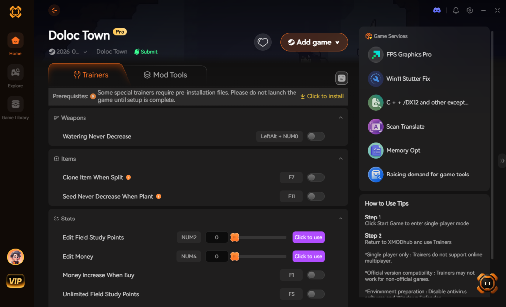 Doloc Town trainer interface featuring Weapons, Items, and Stats options.