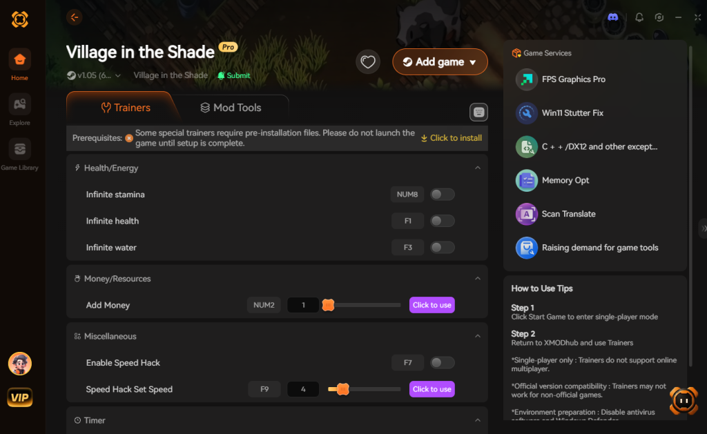 Village in the Shade trainer interface featuring Health/Energy, Money/Resources, Miscellaneous, and Timer options.