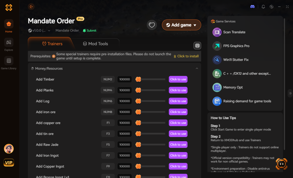 Mandate Order trainer interface featuring Money/Resources options such as Add Timber, Add Planks, Add Log, and Add Iron Ore.